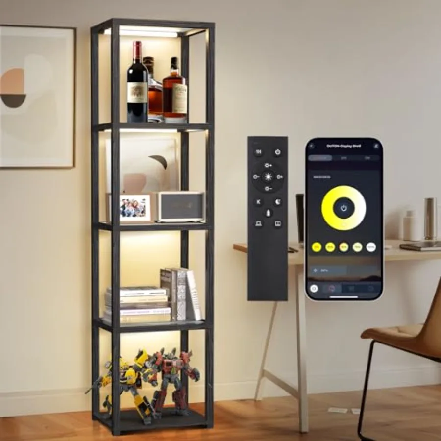 

67 Glass Display Shelf with Dimmable LED Floor Lamp, Collectibles Display Cabinet with Remote App Control, 5 Tier Open Bookshel