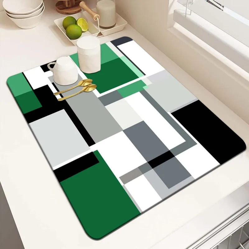 Modern Abstract Geometric Dish Drying Mat Red Black Gray Kitchen Counter Mat Colorful Coffee Bar Pad Absorbent Place Mat