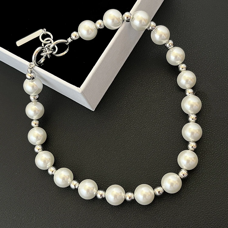 Europe America Fashion Circular Pearl Silver Bead Necklace Choker Women Jewelry Party Runway Trend