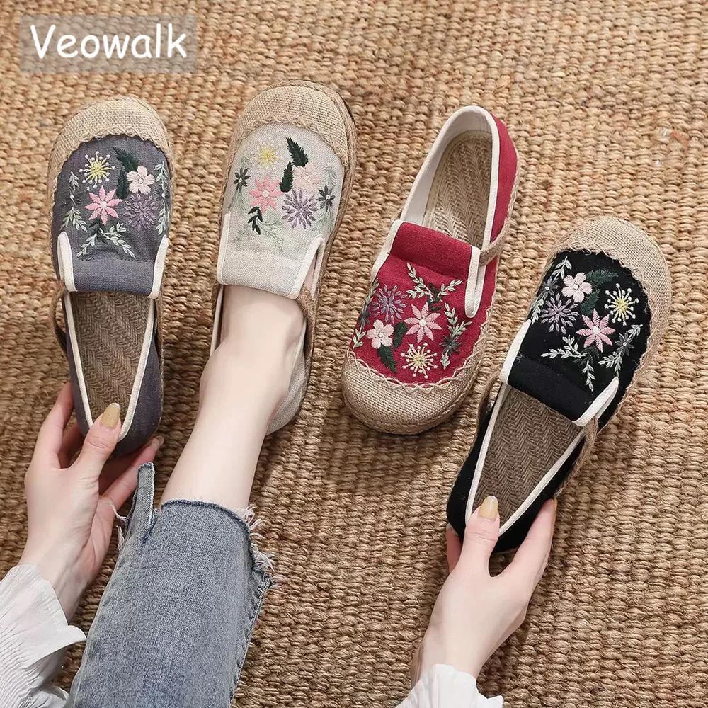 

Veowalk Handmade Women Linen Cotton Embroidered Slip-On Loafers Comfortable Espadrilles Flat Shoes Casual Sneakers Black Grey