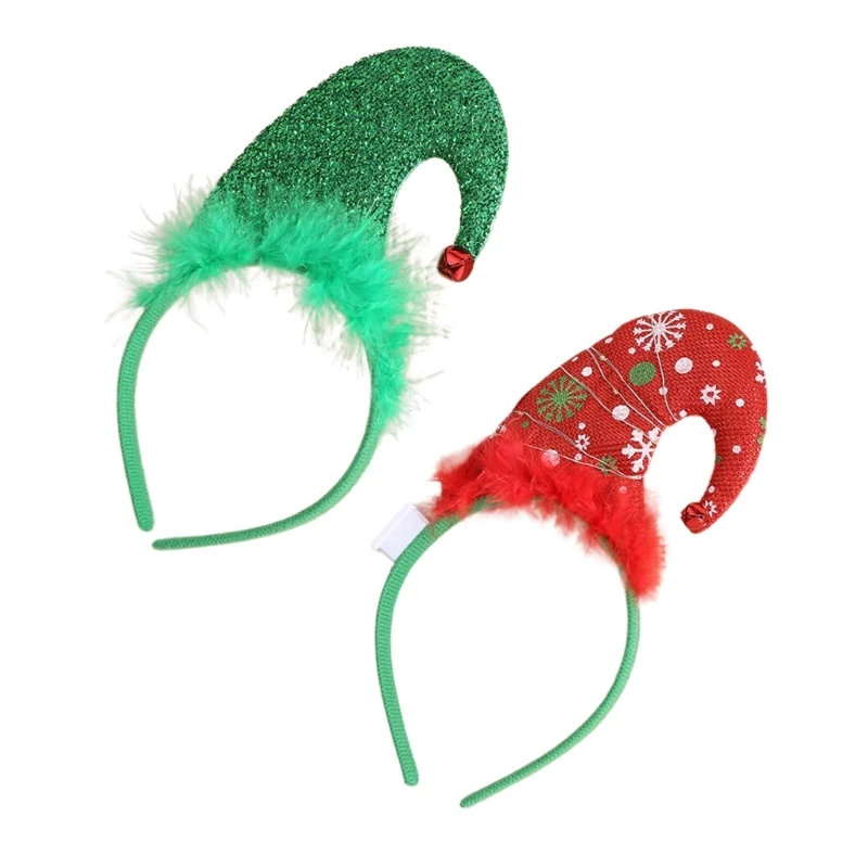 

652F Light Up Christmas Decorations Santa Hat Hairhoop with Bells Stage Performances Hairband Festival Props Headwear