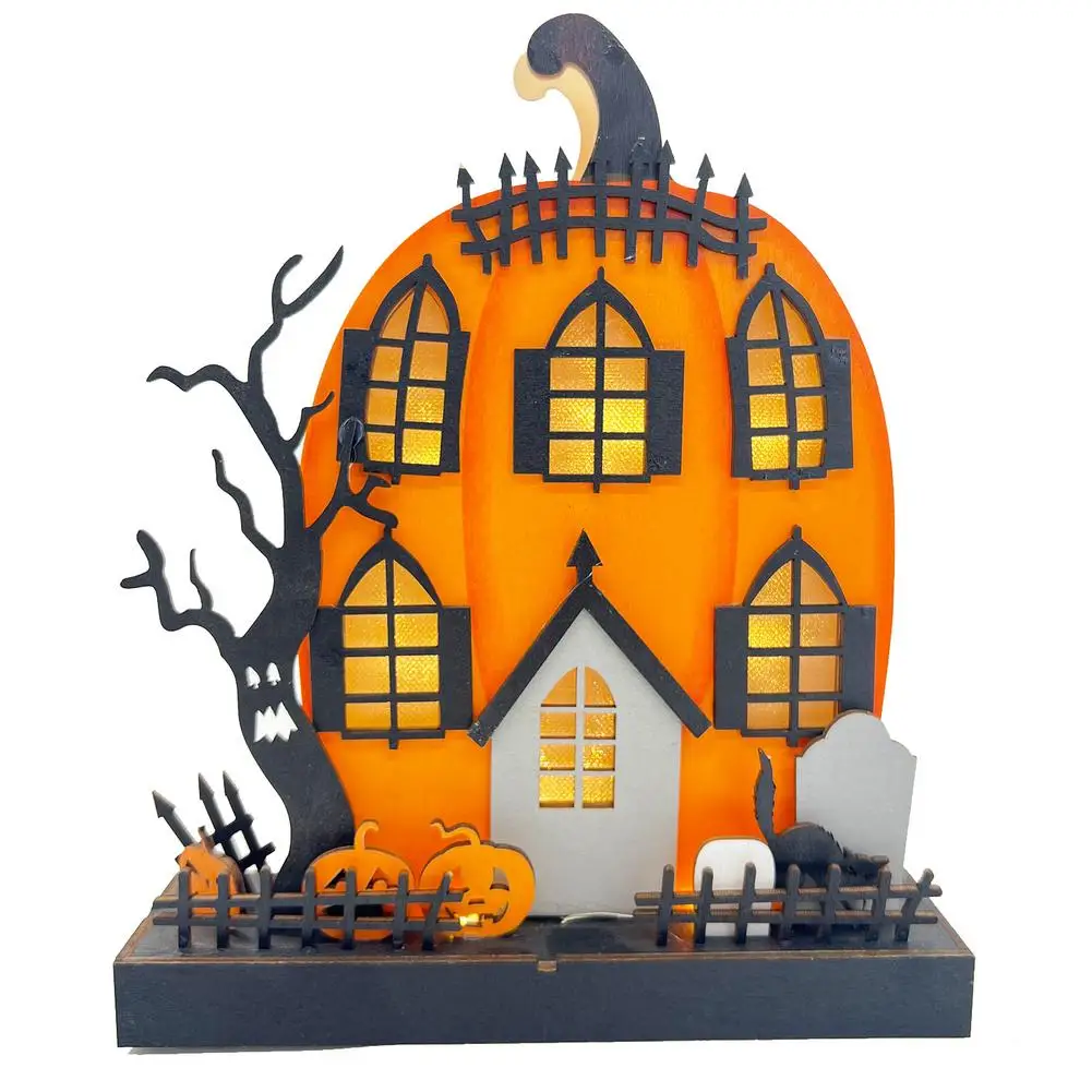 Home Halloween Tabletop Decoration Battery Operated Lighted Wooden Haunted House Pumpkin Decoration Ornaments