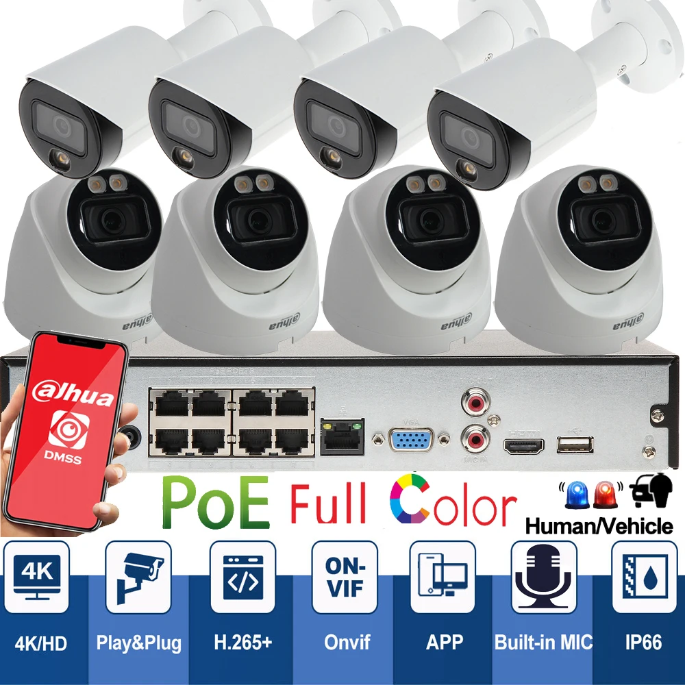 

Dahua 8ch mutil language POE NVR security kit with 8pcs full color IPC-HDW2439T-AS-LED-S2 Monitoring Smart Light Recorder