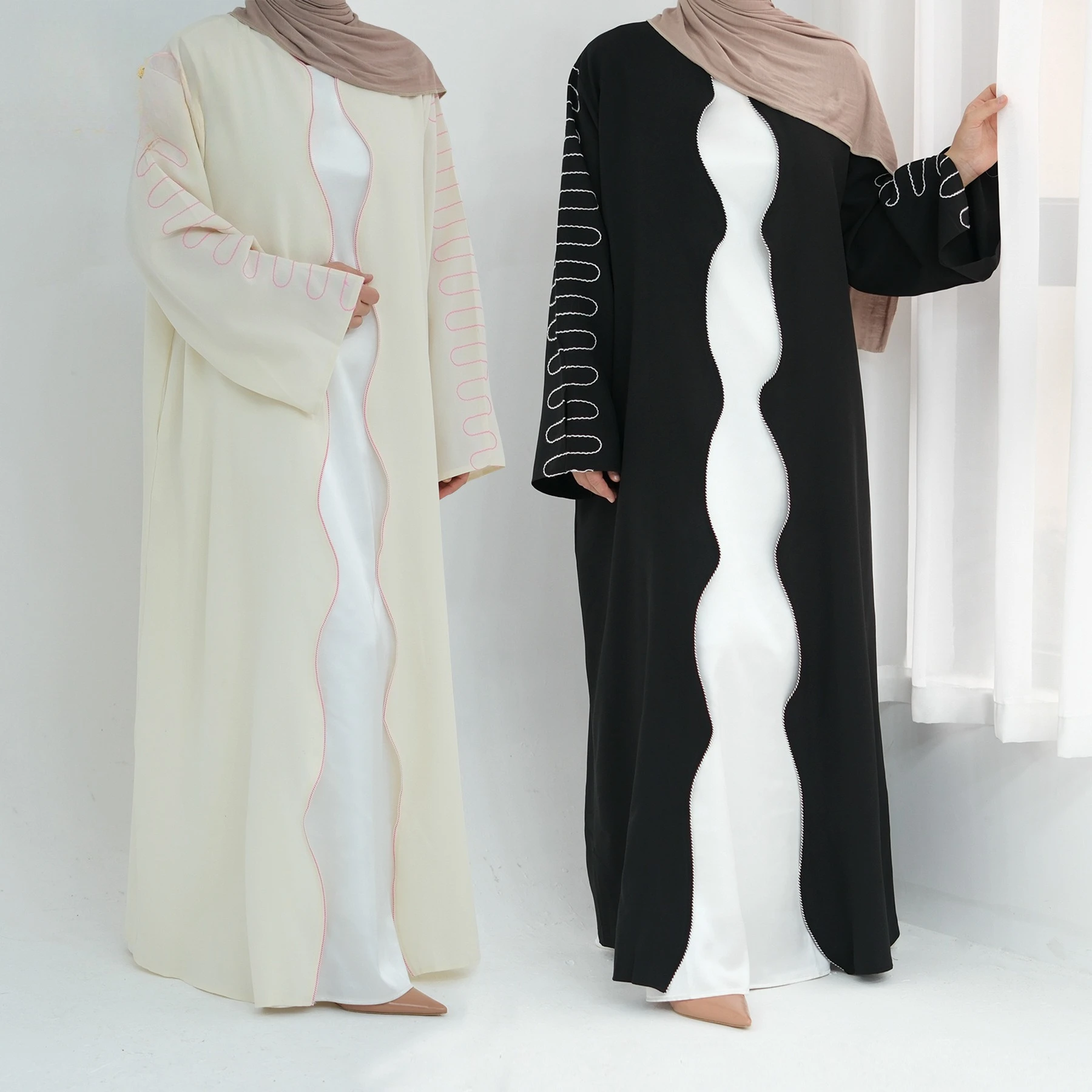 

Turkish Fashion Embroidered Wave Edge Cardigan Muslim Women Abaya Coat Islamic Outerwear Long Sleeve Loose Fit