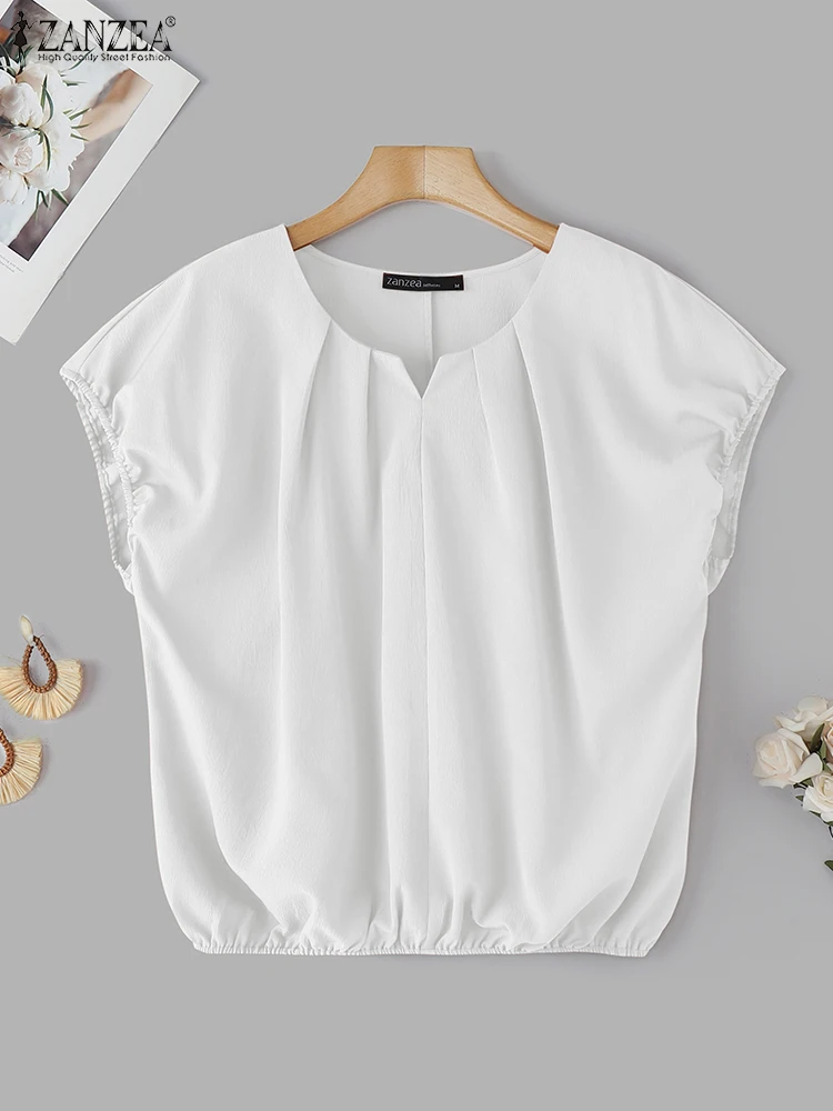 

ZANZEA Women Elegant Tunic Casual Loose V Neck Tops Summer Short Sleeve Blouse 2025 Fashion Solid Color Blusas Femininas