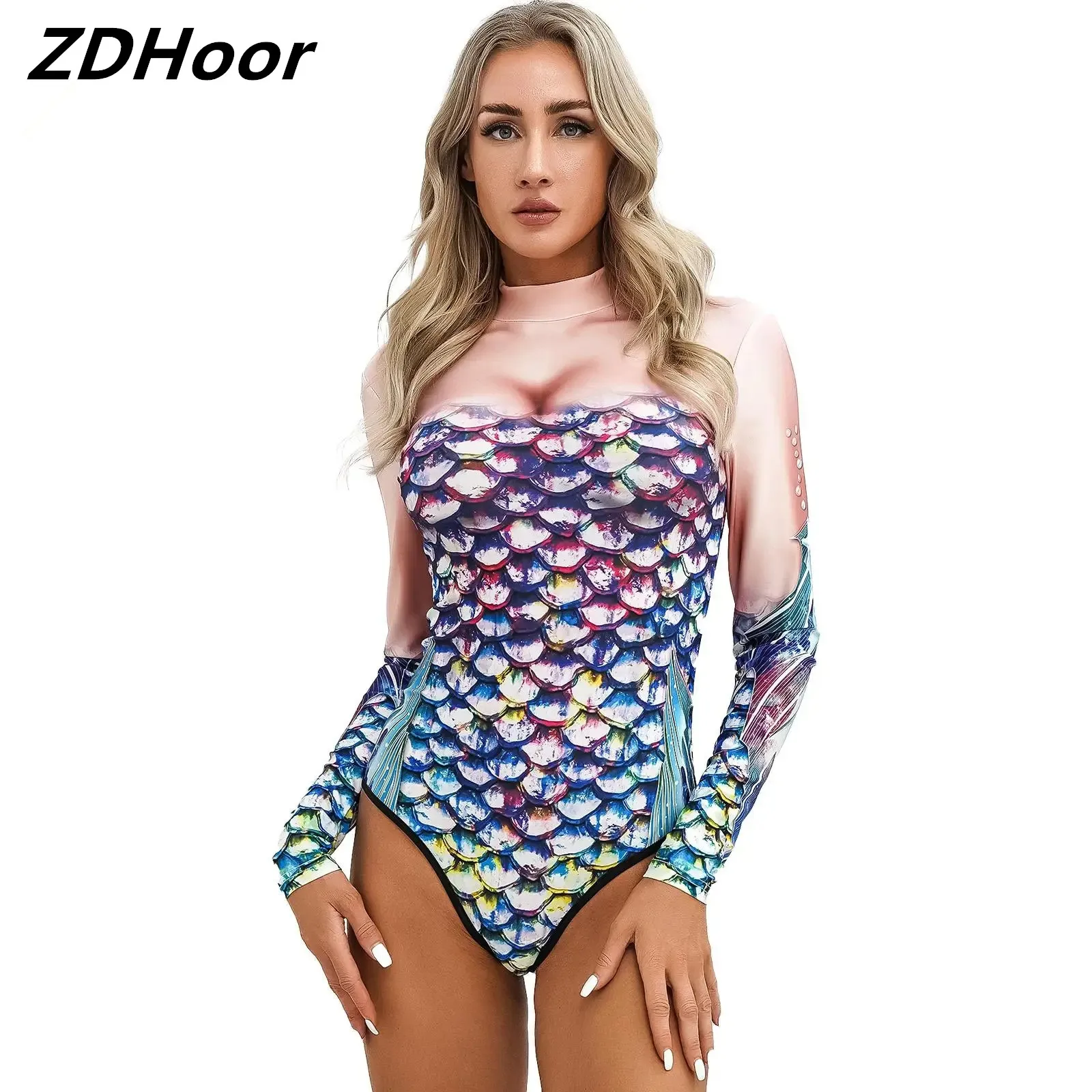 Women Fish Scale Print Swimwear Stand Collar Long Sleeves Back Zipper Closure Jumpsuit Swimming Bathing Surfing Swimwear