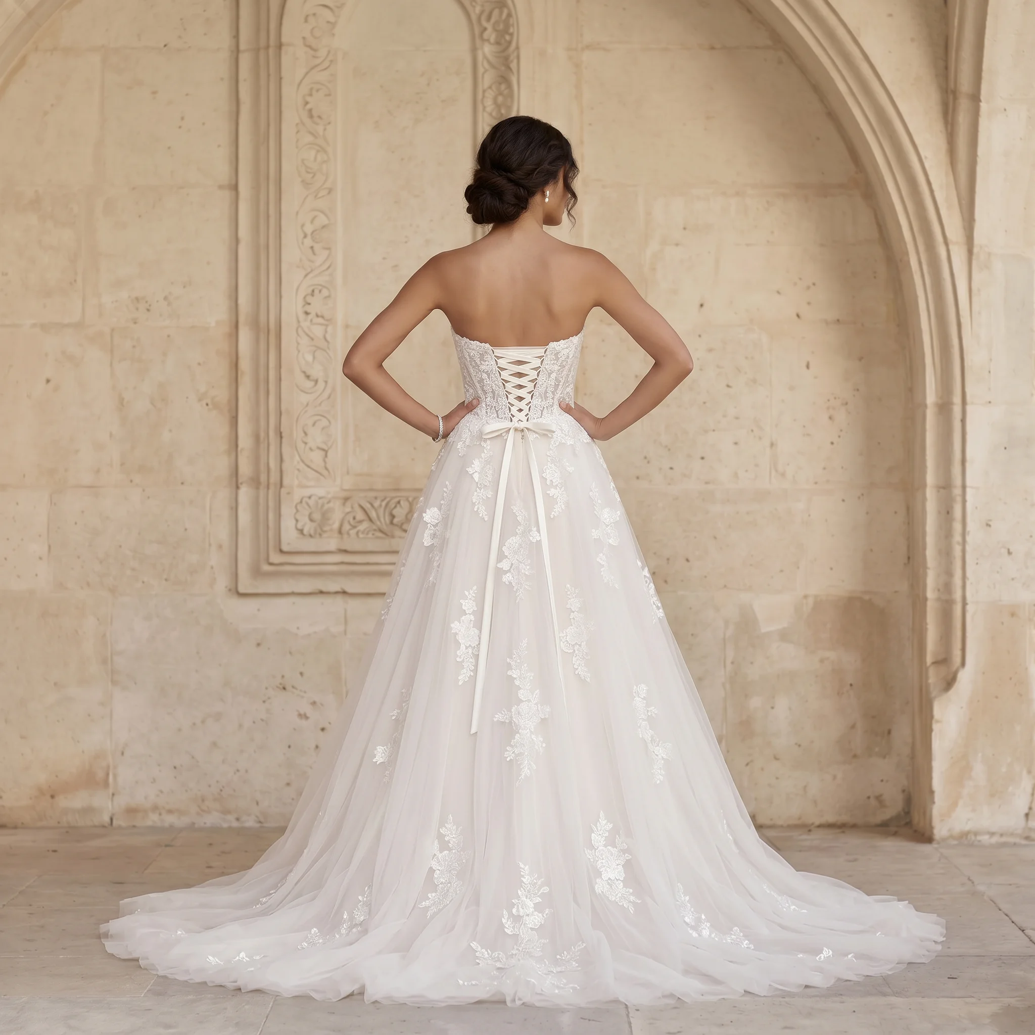 Strapless Sweetheart A Line Wedding Dress 3D Floral Lace Corset Lace Up Back Tulle Chapel Train Bridal Gown