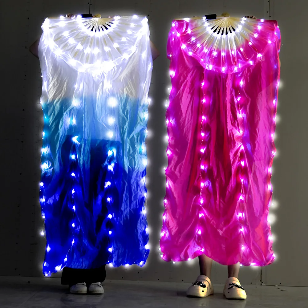 LED Belly Dance Fan Light Up Accessories Luminous Long Silk Fans Adult Women Stage Performance Supplies Festival Show Props 2024