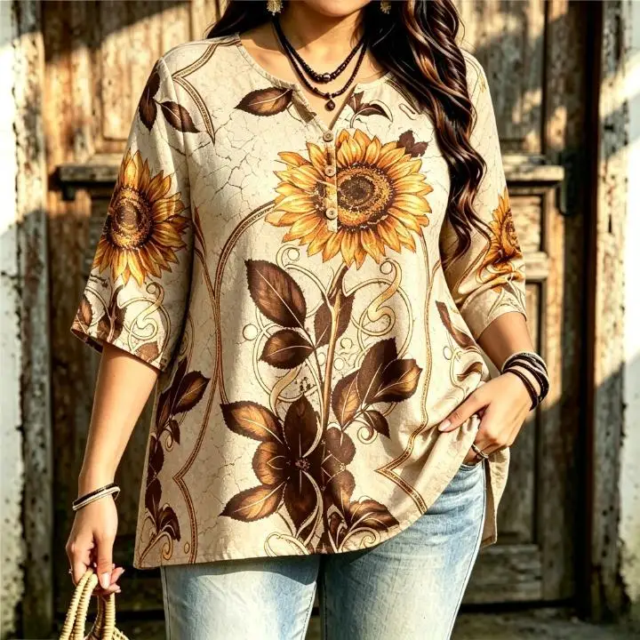 Women Vintage Floral Print Blouse Notched Neck 3/4 Sleeve Loose Curvy Fit Casual Daily Ladies Pullover Tops