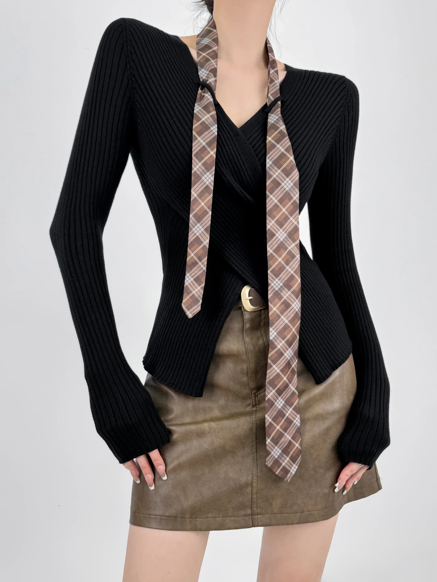 

Double Z Korean Retro V-Ne Knitted Sweater Women's Autumn Winter Low Ne Slimming Top Color Blo Cross Design Soft Nylon