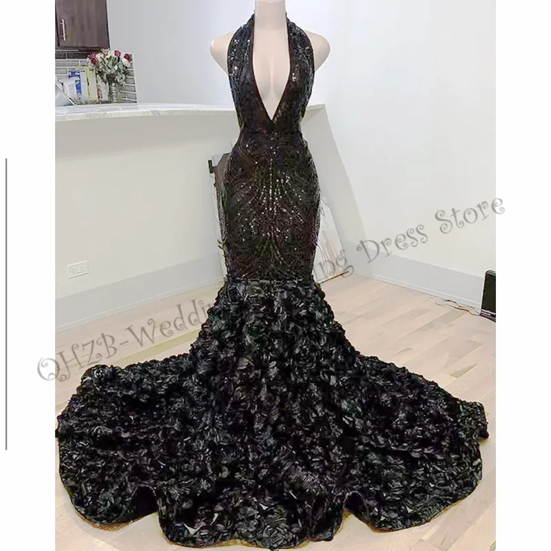 Fashion Sexy Black Halter Neck Sequined Court Train Sleeveless Ruched Mermaid / Trumpet Formal Evening Dresses