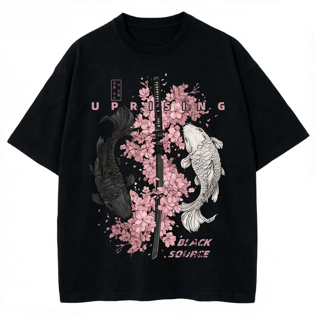4 Vintage Koi Fish Sakura Katana Graphic T Shirt Cherry Blossom Sword Print Unisex Cotton Crew Neck Short Sleeve Street Tee Top
