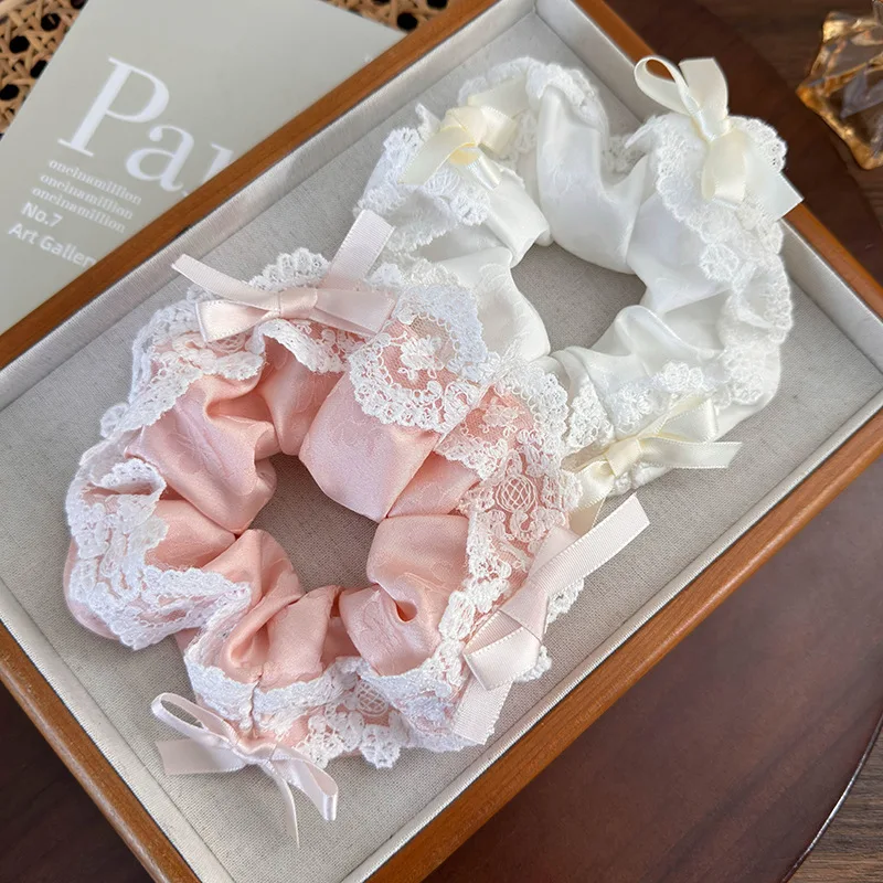 Ballet-style Ribbon Bow Embroidery Lace Scrunchie for Women Girls 2024 Spring Summer Korean Sweet Colored Hair Band Headdress