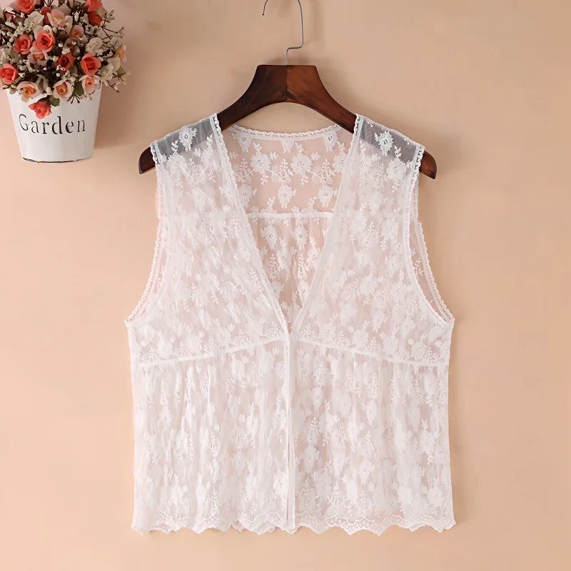 

Women Summer Boho Crochet Vest Coat Korean Style Cute Lace Mesh Embroidery Tank Top Beach Sleeveless White Beige Short Cardigan