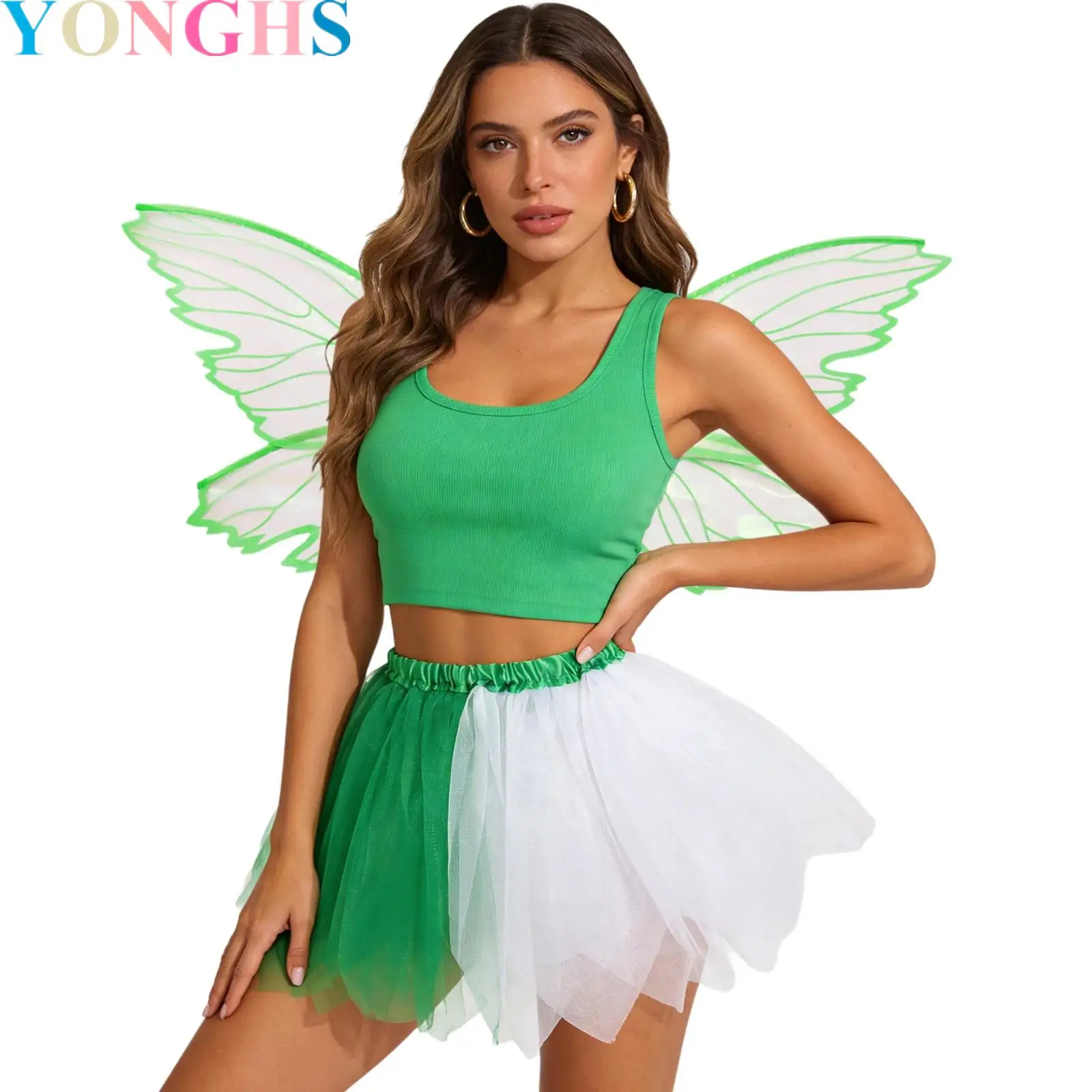 

Women Butterfly Fairy Wings Set with Elastic Waistband Color Block Tulle Skirt for Theme Party Stage Performance