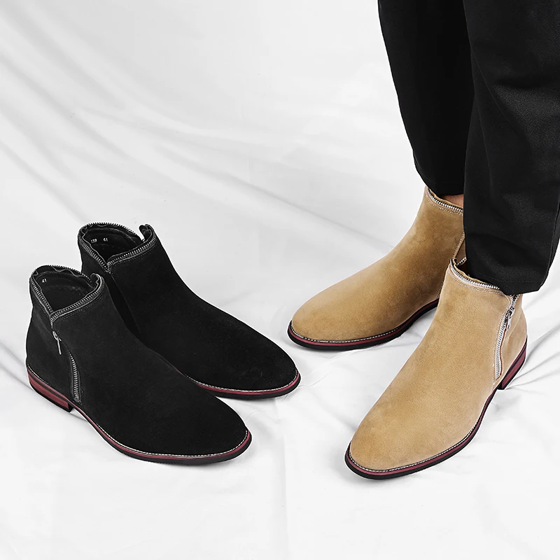 Brand New Chelsea Men's Boots Fashion Low Heel Side Zipper Denim Boots Casual  Round Head Business Formal High Top Leather Shoes - view 4
