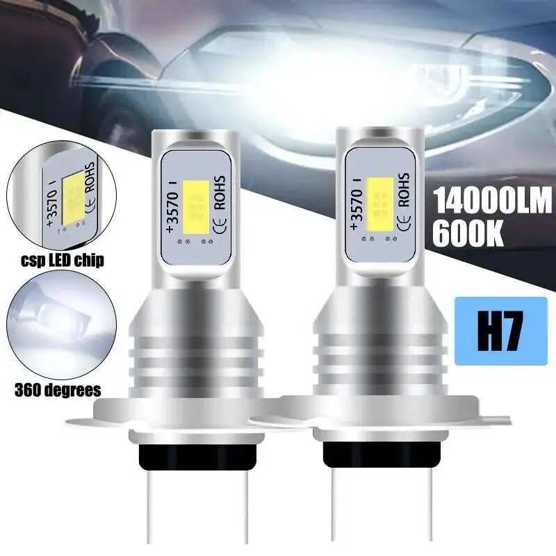 2Pcs Super Bright CSP LED Bulbs - Multi-Fit H7/H1/H8/H9/H11/9005/9006, 6000K White for Headlight & DRL Upgrade​