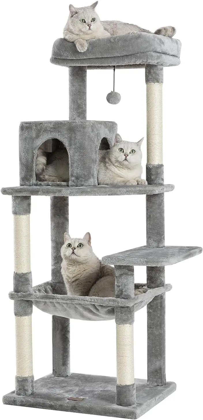 

57Inch Multi-Level Cat Tree for Indoor Cats Cat Tower with Sisal Scratching Post Cat Condo Plush Perch Hammock Grey