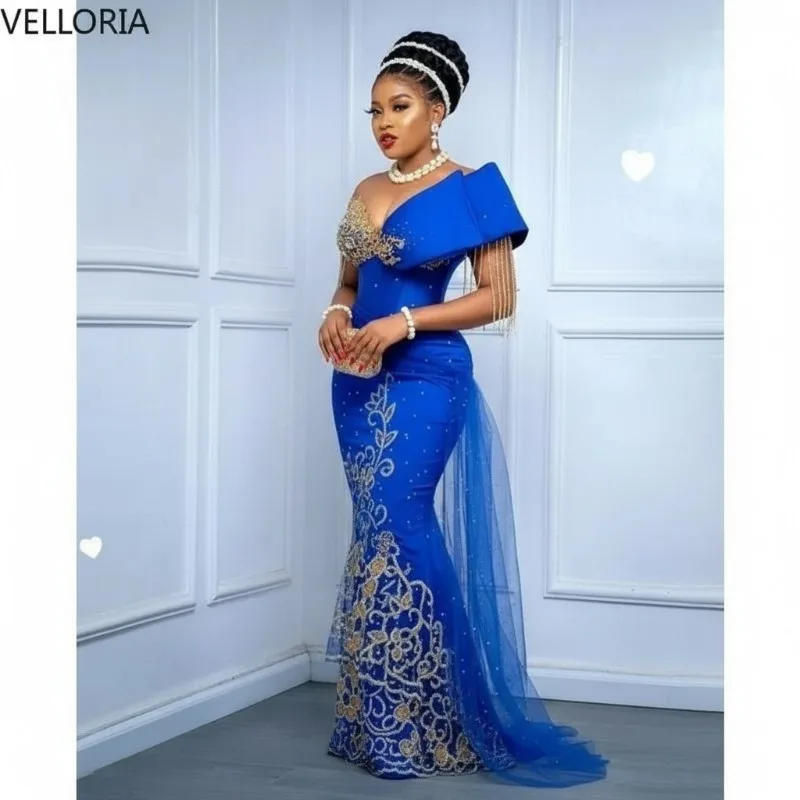 

Royal Blue George African Wedding Dress Luxurious Lace Igbo Bride Attire Evening Gown Party Dress Vestdos De Fiesta Customized