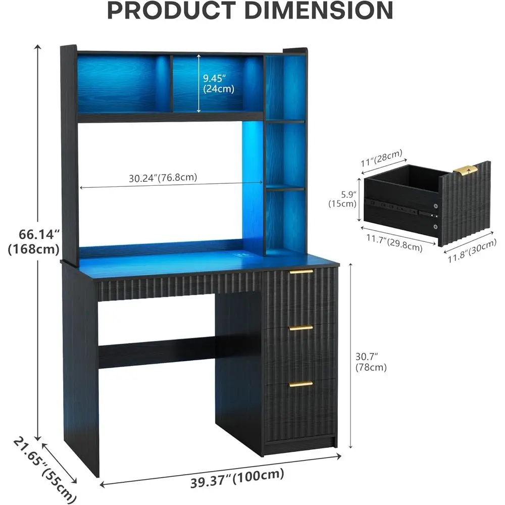 40 Black Study Desk with Hutch, Storage, Power Outlet, LED Lights, Card Lock for Home Office or Bedroom