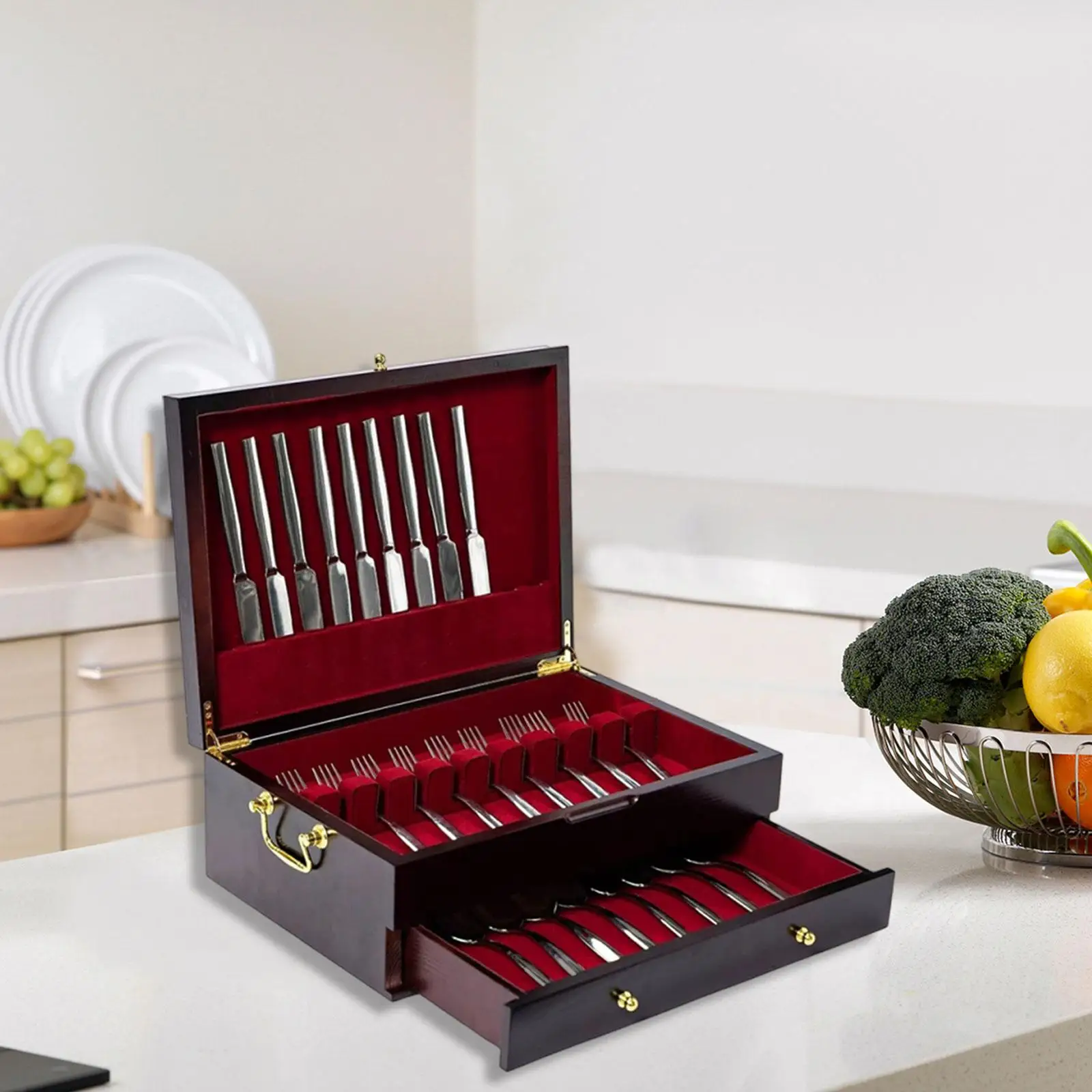 

Flatware Silverware Wood Storage Box Felt Lining Accessory for Wedding Reception with Two Compartments with Carrying Handle