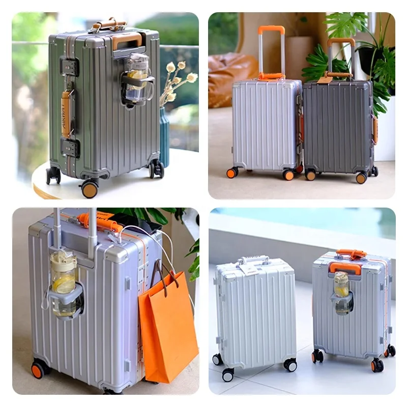 High-end  aluminum frame luggage suitcase  Lock cellphone holder USB carry on case set