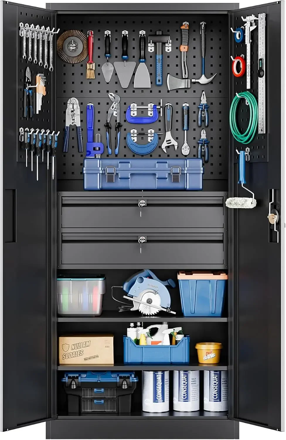 

Yizosh Metal Garage Storage Cabinet with Locking Doors and 2 Drawers, Heavy Duty Steel Tool Cabinet with Pegboard, 71" - Lockabl