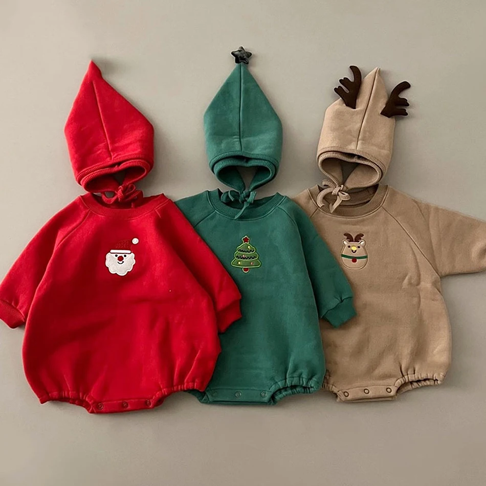 

Унисекс, осенне-зимний теплый утепленный рождественский комбинезон для новорожденных, однотонный наряд для мальчиков и девочек, боди с рождественским принтом, детский новогодний комбинезон