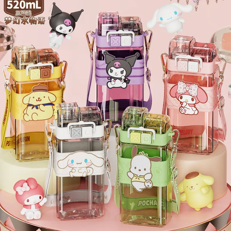 520ml Sanrioed Melody Onpompurin Kuromi Cinnamoroll Plastic Bottle Double Drink Cup Students Large Cartoon Capacity Water Bottle