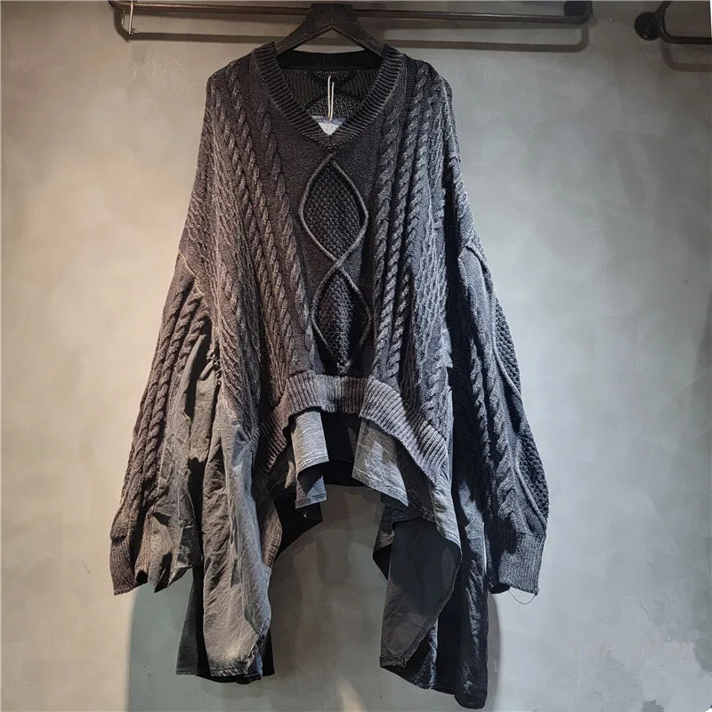 Personalized Old Twist Weaving Splicing Ruffle Edge Large Size Bat Sleeve V Neck Long Sleeve Knitted Sweater for Women Autumn