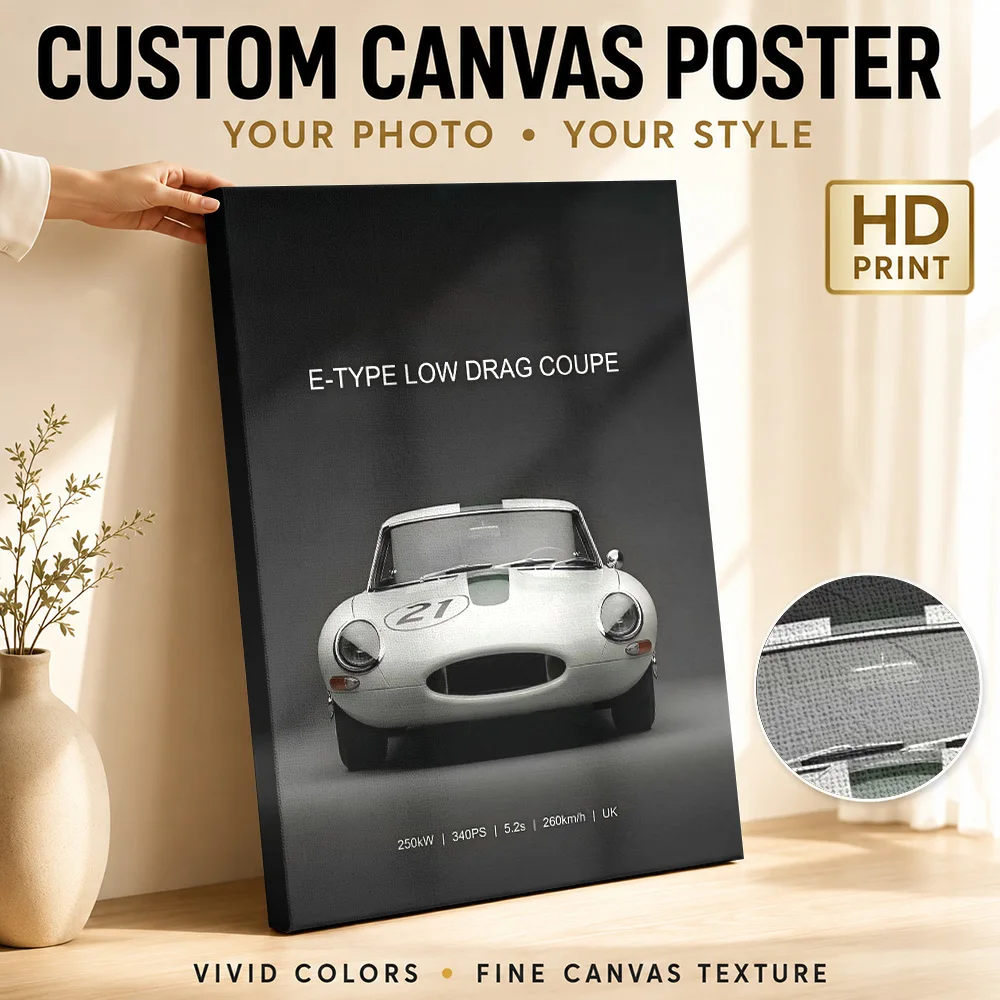 White Sports E-Type Low Drag Coupe Framed Canvas Poster Custom Photo Modern Aesthetic Wall Art for Bedroom Decor Ready to Hang