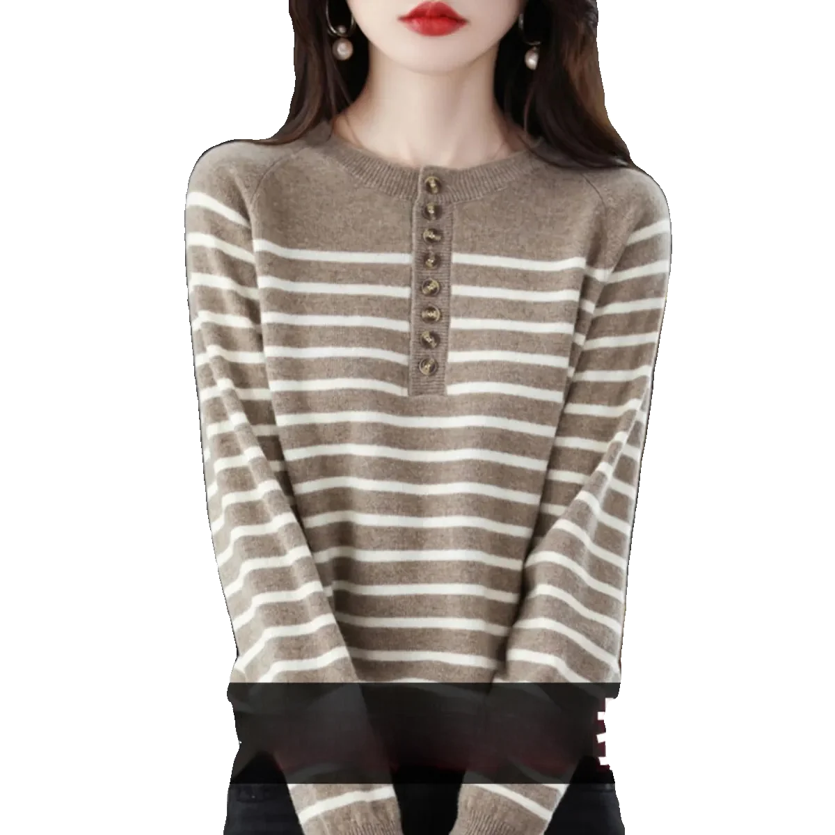 Loose Fit Long Sve round Ne Striped Knitted Wool Sweater Women's Base irt Spring Autumn Faion Commute Sle Button D...