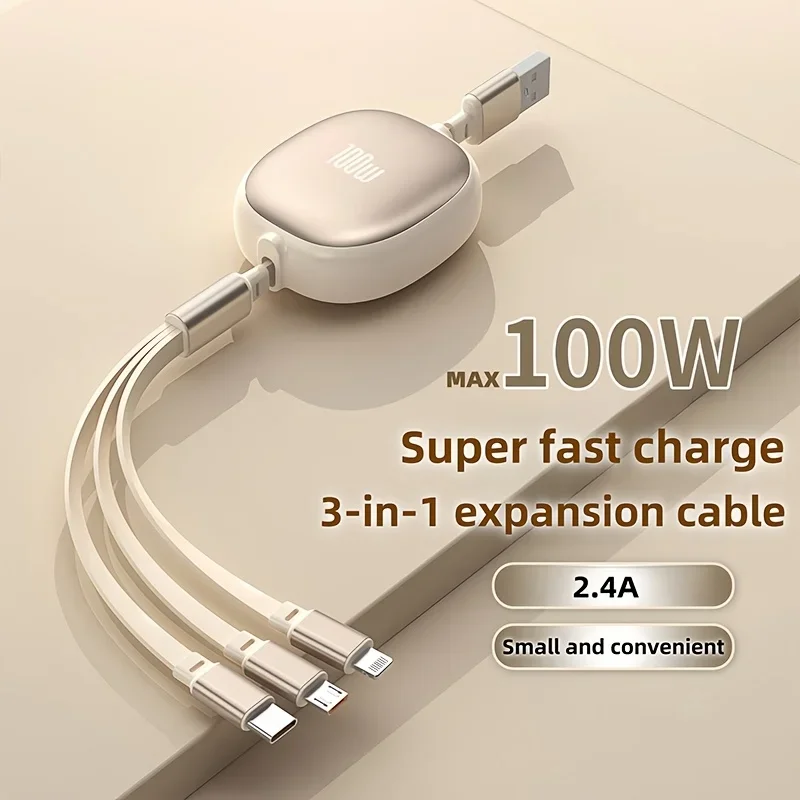 3-In-1 retractable USB charging cable, 100W fast charging, compatible with USB to C, can be used for iPhoneAAA