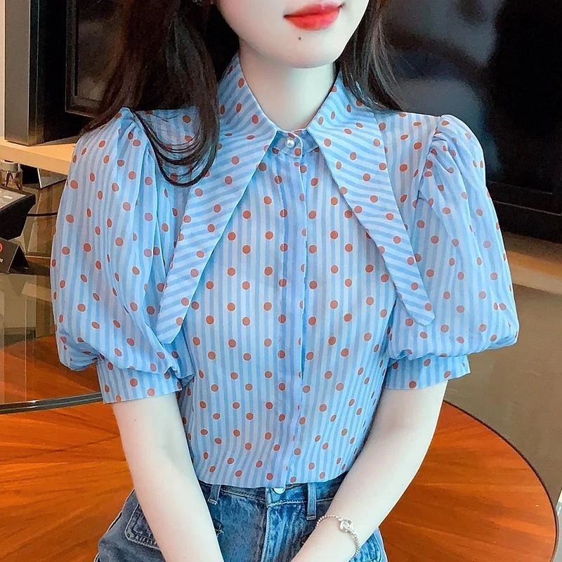 Fashion Summer Polka dot Print Elegant Shirts Loose Turn down Collar Short Puff Sleeve Blouses Vintage Casual Blue Tops 27484