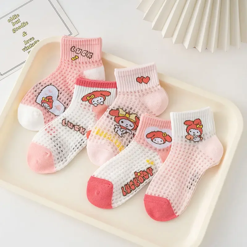 5Pcs Summer My Melody Childre Socks Kawaii Sanrioed Anime Kuromi Pink Cat Kulomi Purple Summer Kids Socks Trend Gift for Girls