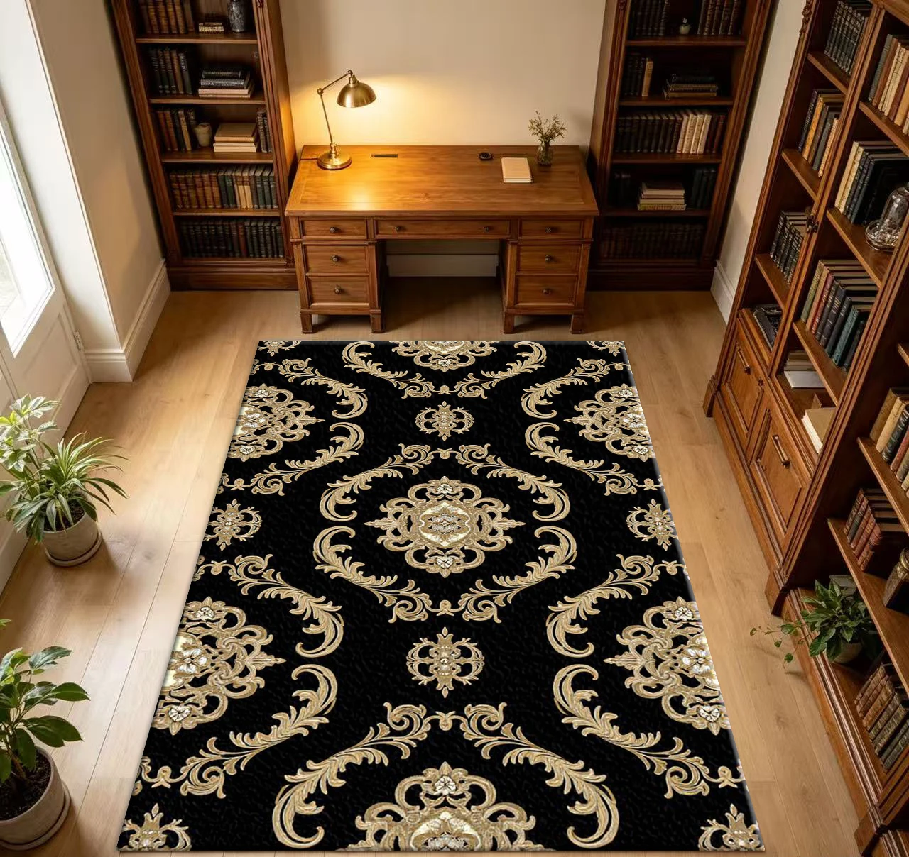 Black and Gold Vintage Brocade Floral Pattern Carpet for Living Room Home Decoration