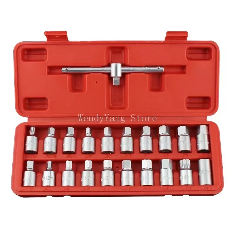 21PCS Oil Drain Pipe Plug Socket Set Oil Pan Screw Sleeve Wrench 3/8-Inch drive Sliding T-bar Removal Kit