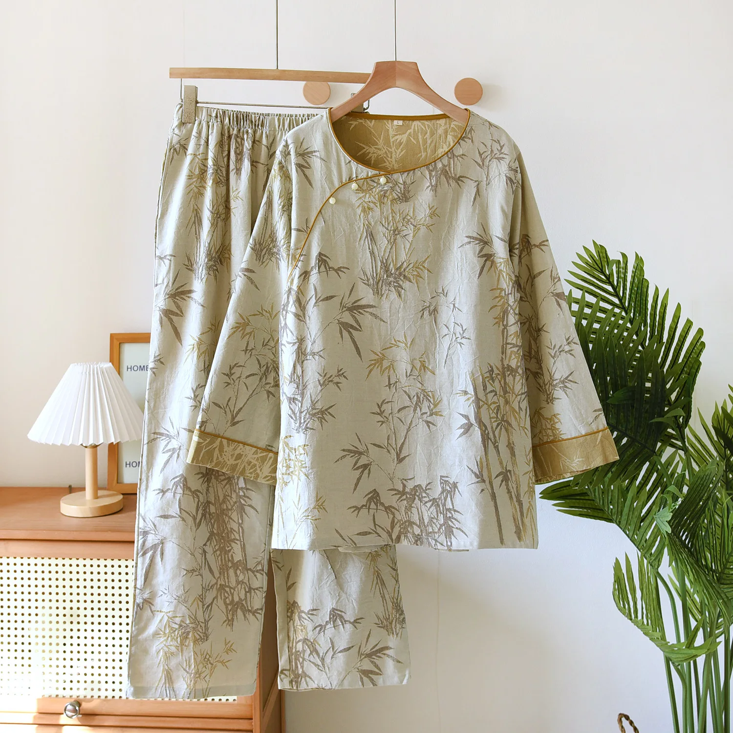 Women Jacquard Cotton O-Neck Pajamas Set for Spring Autumn Long Sleeve Pullover Trousers Pajamas for Women Homewear Suit