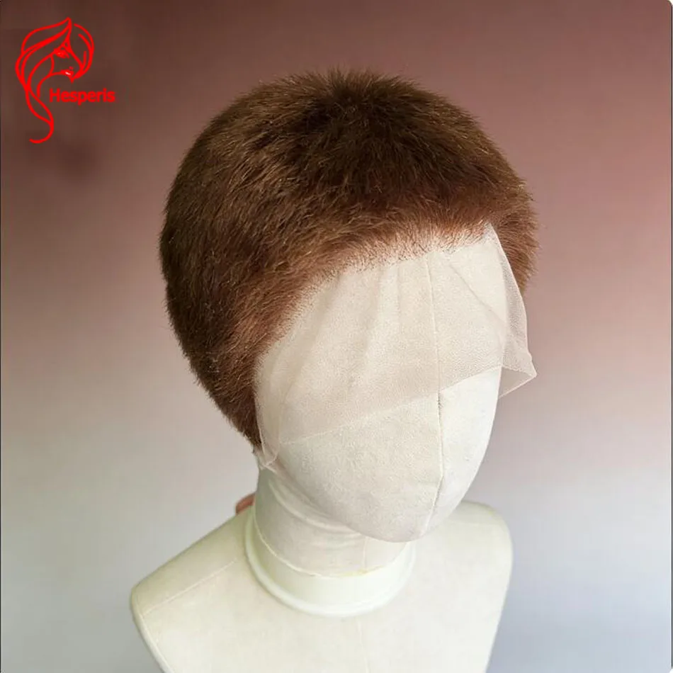 Hesperis الطبيعية براون الطنانة قطع شعر مستعار دانتيل كامل للرجال البرازيلي ريمي شعر بشري قصير قبل قطعها شعر مستعار # 4 لون الباروكات الذكور #1