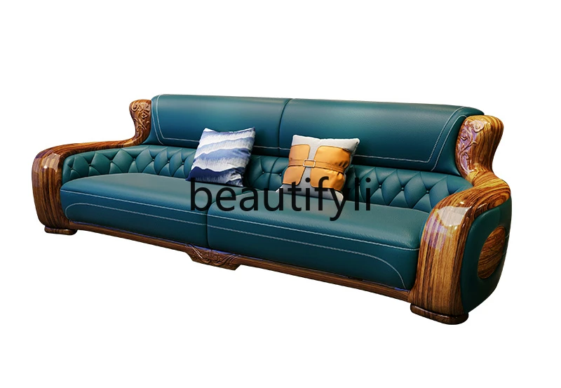 Modern new Chinese villa ebony sofa living room solid wood furniture first layer cowhide leather sofa combination