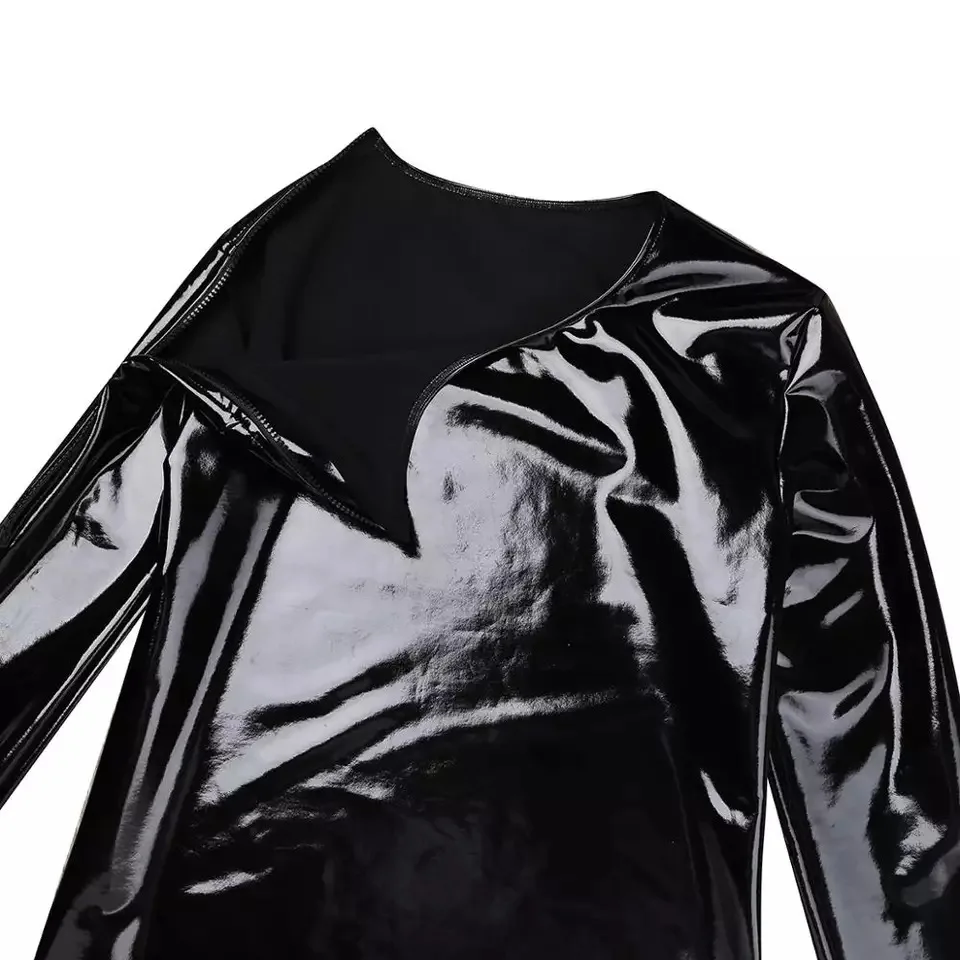 S-7XL Men Tshirt High-Gloss Patent Leather Long Sleeve Tight Coat  Shiny Jacket PU Leather Hip Hop Tee Shirts Muscle Shaper Tops