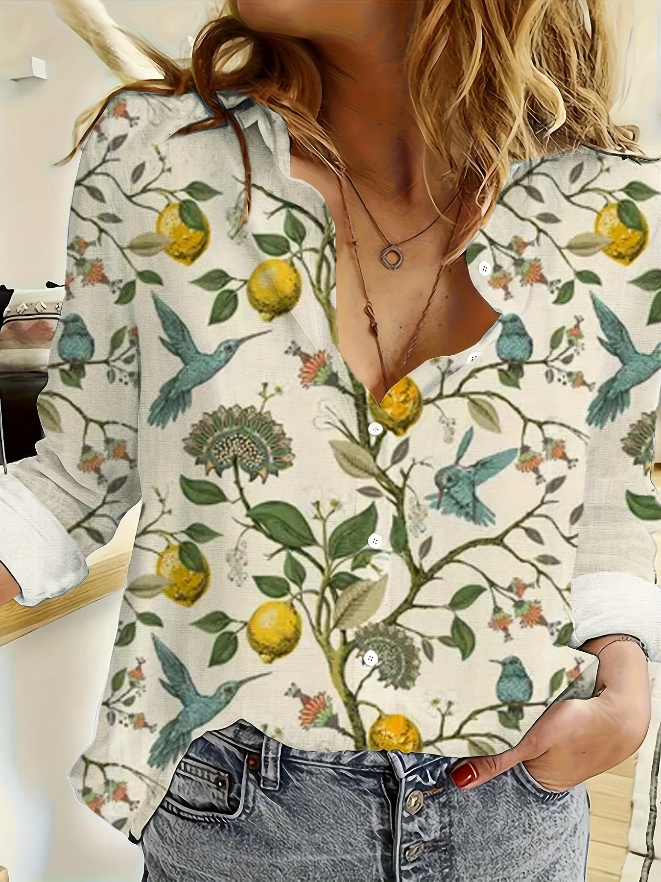 

3D Print Plant Lapel Neck Blouse Women Long Sleeve Shirts Womens Clothing Casual Clothes Harajuku Female Clothing