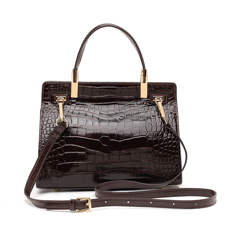 Aidrani Croc Pattern Genuine Cowhide Handbag, Gold Turn‑Lock Top‑Handle Bag, Removable Strap Crossbody Purse for Dating Office