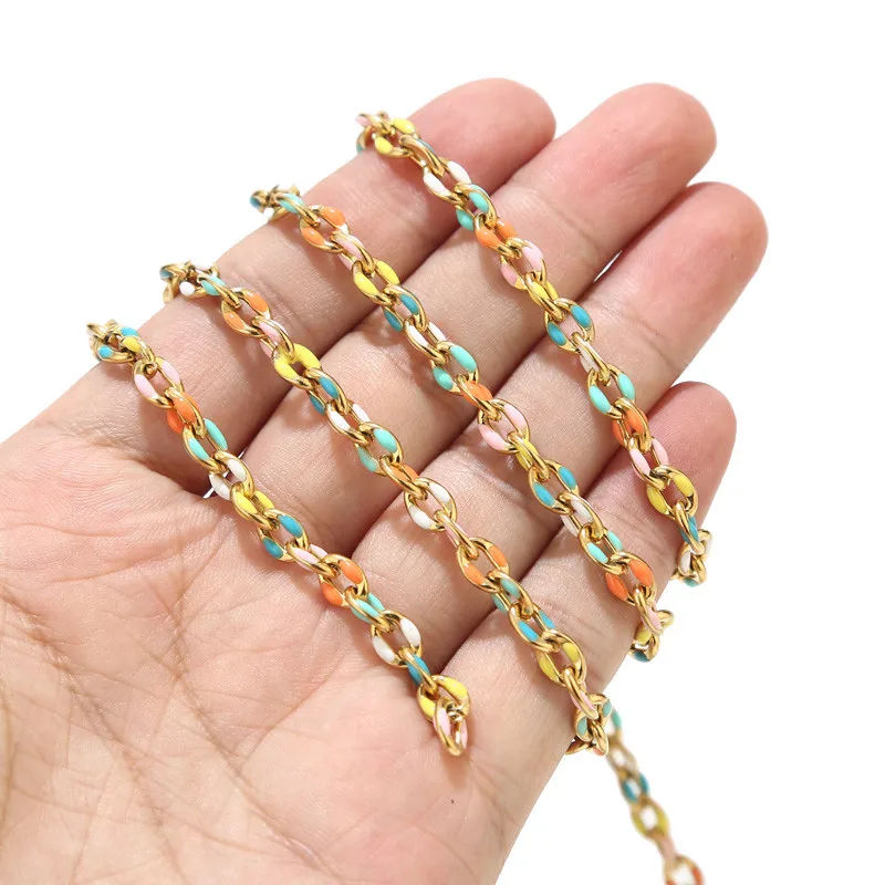 

2Meter Stainless Steel Gold Oval Satellite Enamel Chains 5.5mm Rainbow Necklace Lip Chain for Minimalist Jewlery Making