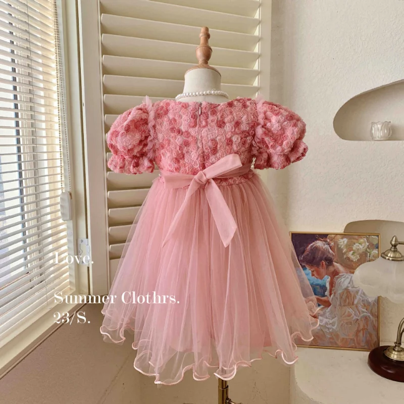 HoneyCherry New Girl\'s Summer Casual Dress with 3D Rose Flower Design and Cute Mesh Princess Dress