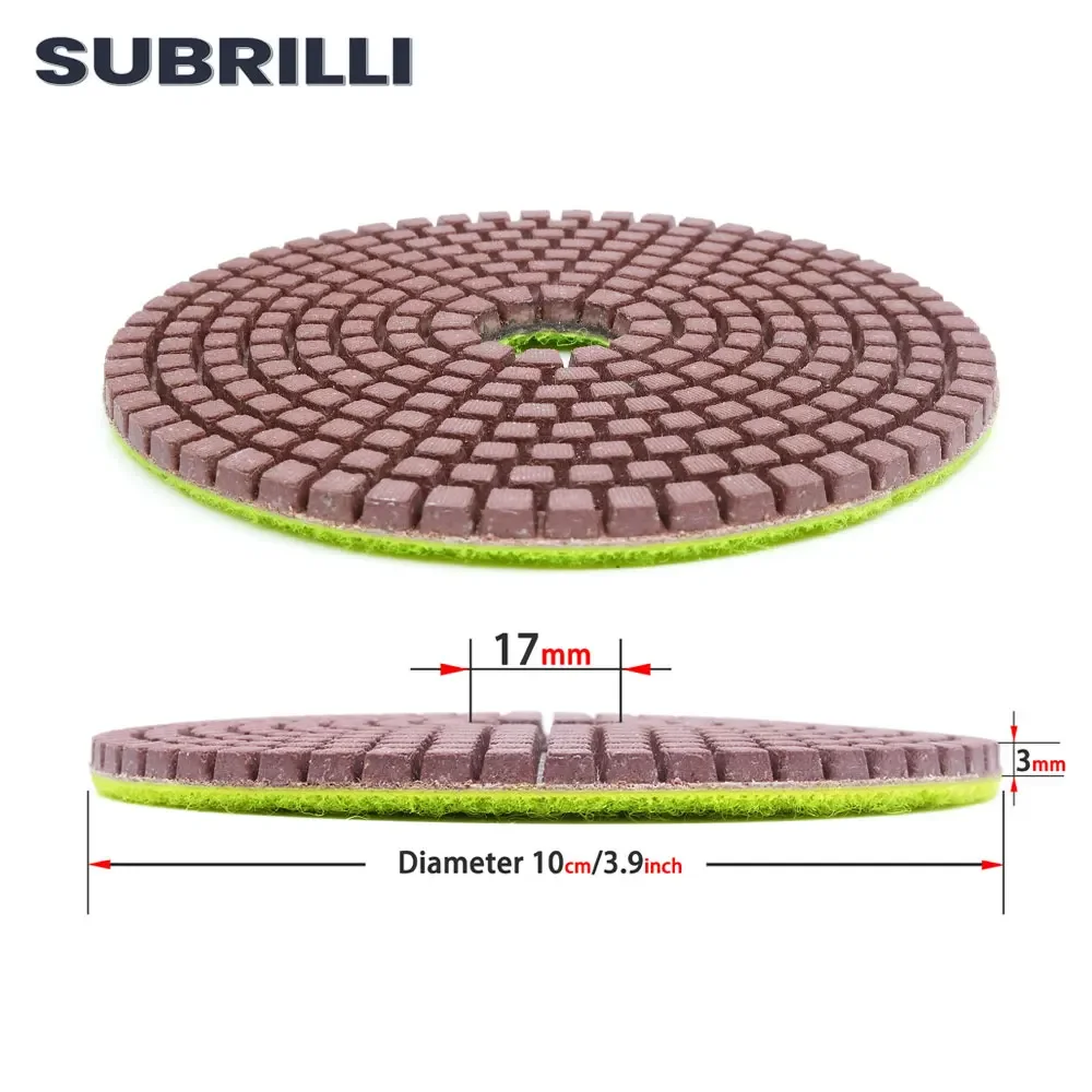 SUBRILLI 4 بوصة الماس لوحة تلميع للجرانيت حجر الرخام الملمع مجموعة السندات المعدنية 7 قطعة مجموعة تلميع أقراص الرملي الخرسانية