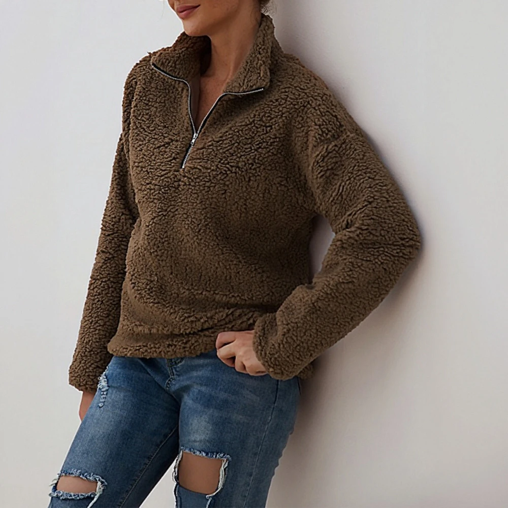 

Женская свободная футболка большого размера с длинным рукавом, свитер с воротником-стойкой и застежкой-молнией, осенняя модная верхняя одежда больших размеров