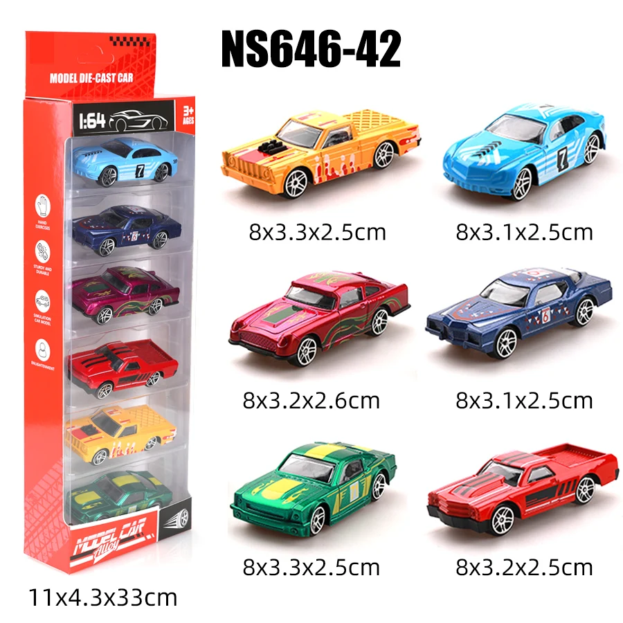 (Boxed) 1/64 Modified Racing Style Mini Diecast Car Set, 6 Pieces, Die-Cast Metal, Boy's Toy, Sliding Model, No Pullback.