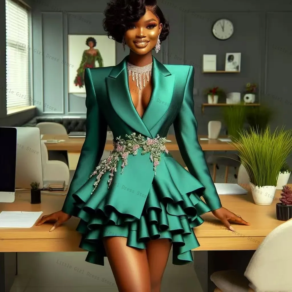 

Green Satin Women Suit 1 Piece Crystal Long Blazer Prom Dress Formal Office Lady Jacket Ruffles Hem Prom Wedding Coat Customized