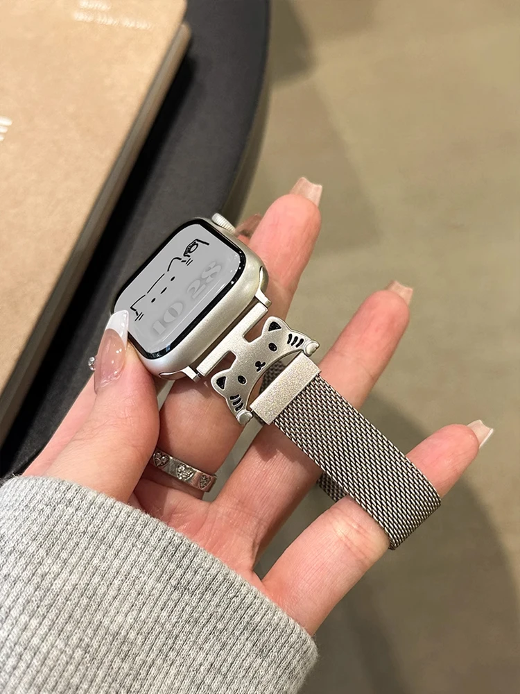 Cute Cat Milanese Band For iWatch Ultra 2 10 9 8 7 6 5 4 Metal Bracelet Strap For Apple Watch 38mm 40mm 41mm 42mm 45mm 46mm 49mm